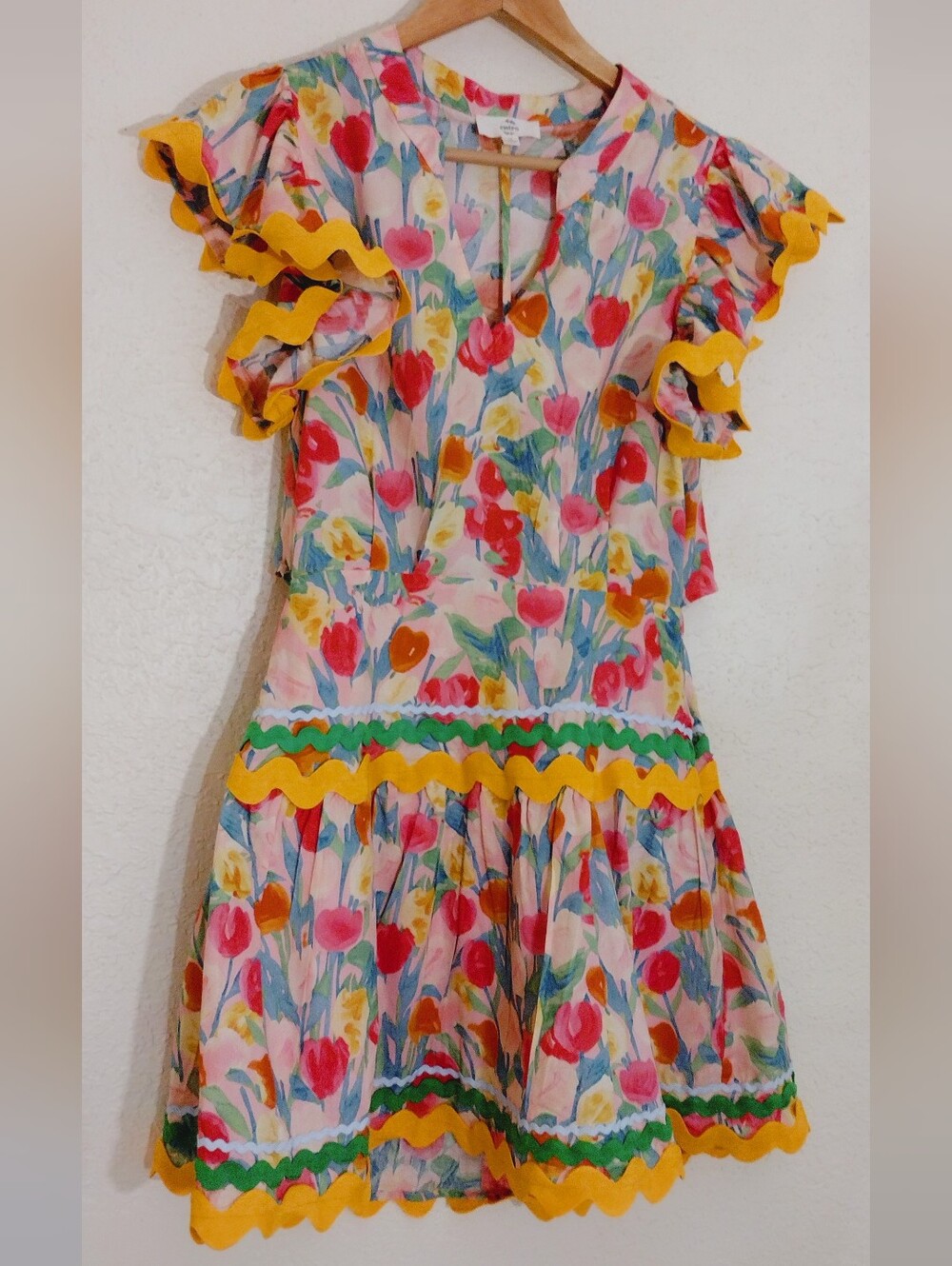 Entro Floral Ric Rac Flutter Sleeve Mini Dress Pink Multi Size M - Picture 4 of 11
